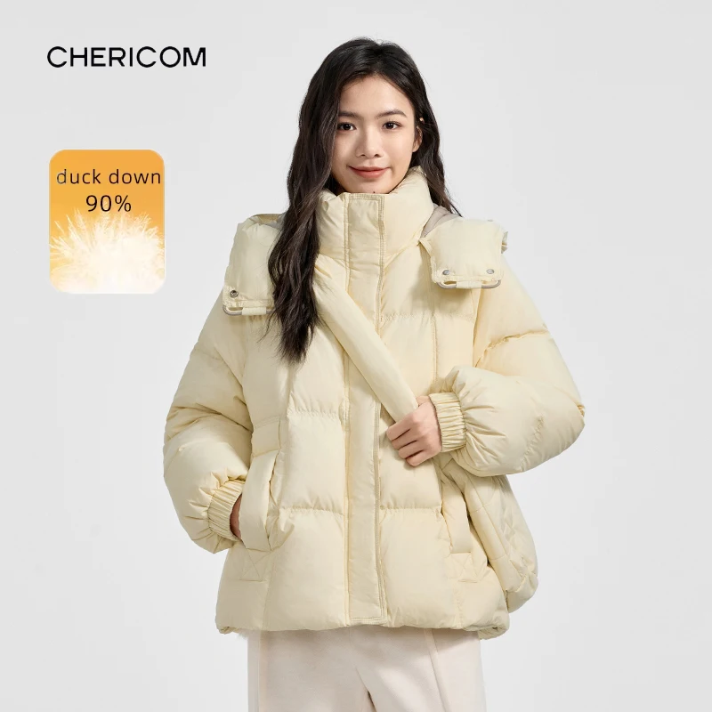 Chericom Chaqueta de plumón para mujer 90 relleno de plumón de pato 2025 capucha desmontable cuello alto bolsillo cálido ropa de abrigo corta acolchada Y308190Y