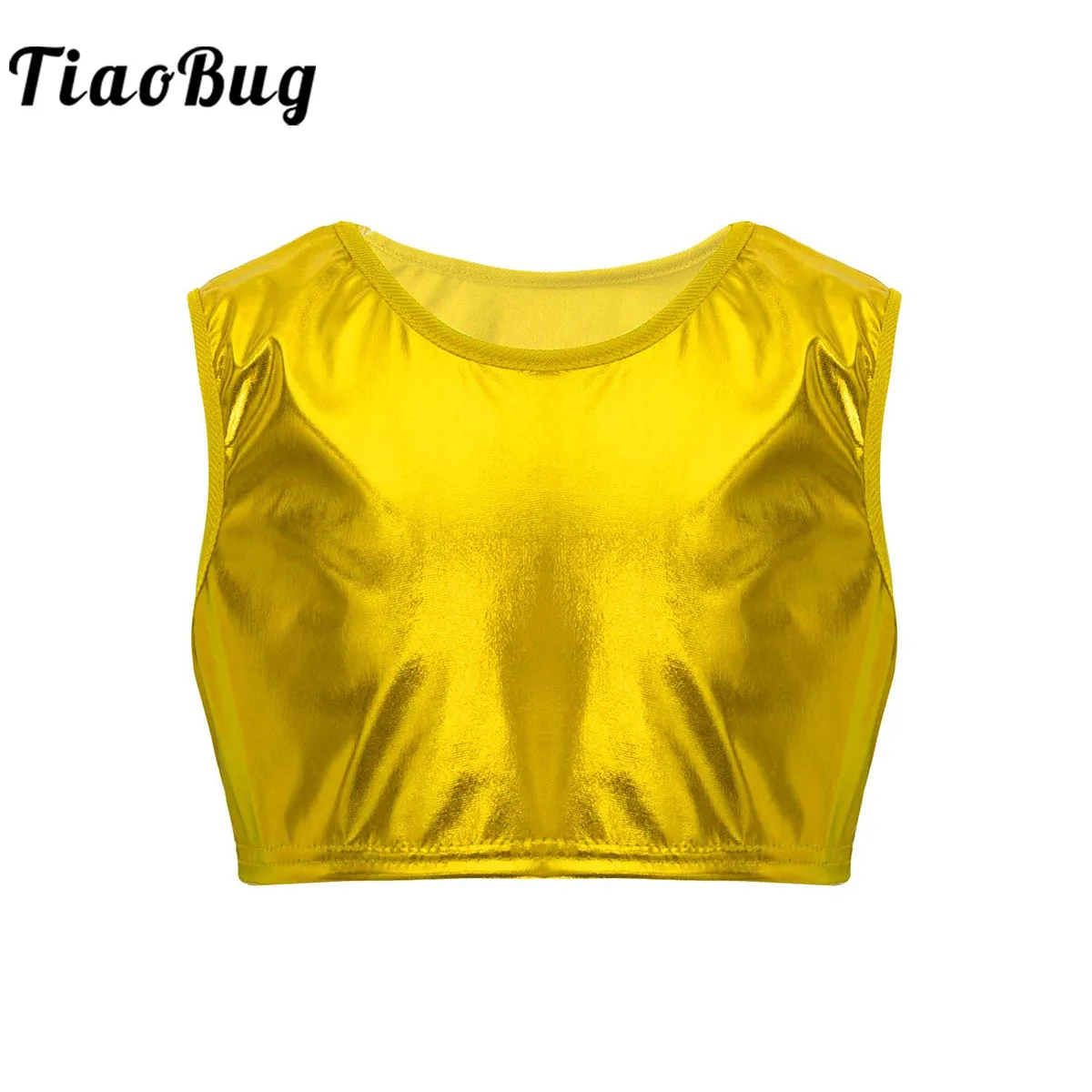 Kids Girls Dance Tops Metallic Shiny Sports Jazz Gymnastics Ballet Crop Top Glitter Sleeveless Tank Stage Performance Costumes