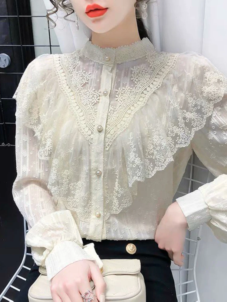 Elegant French Blouse Women Temperament Sweet Ruffles Loose Casual Tops Spring Long Sleeve Streetwear Apricot Shirts