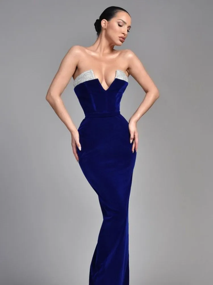 

Darkblue Color Women Sexy Strapless Shinning Sequins Bodycon Bandage Long Maxi Bandgae Dress Elegant Evening Party Dress Outfit