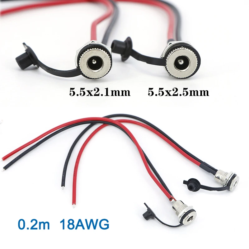 0.2m DC099 2pin DC Female Power Socket Threaded Connector Adapter 18awg Cable Wires DC 099 5.5*2.1mm 5.5*2.5mm 7A dustproof v