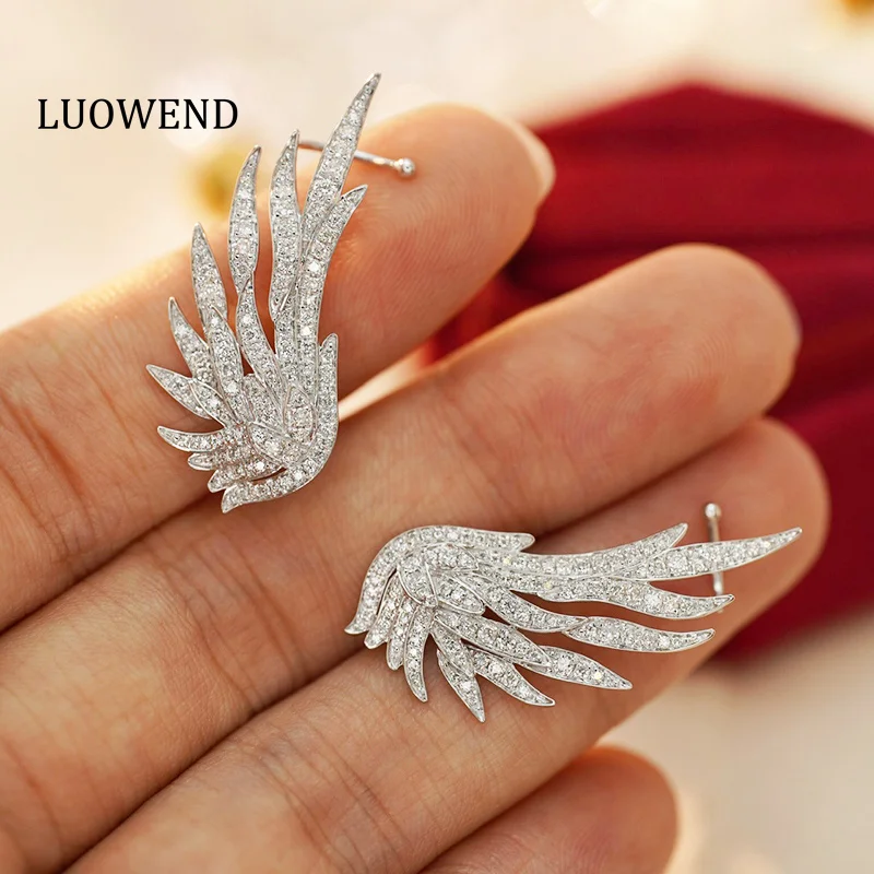 LUOWEND 18K White Gold Earrings Elegant Angel Wings Design 0.94carat Real Natural Diamond Stud Earrings for Women Party Jewelry