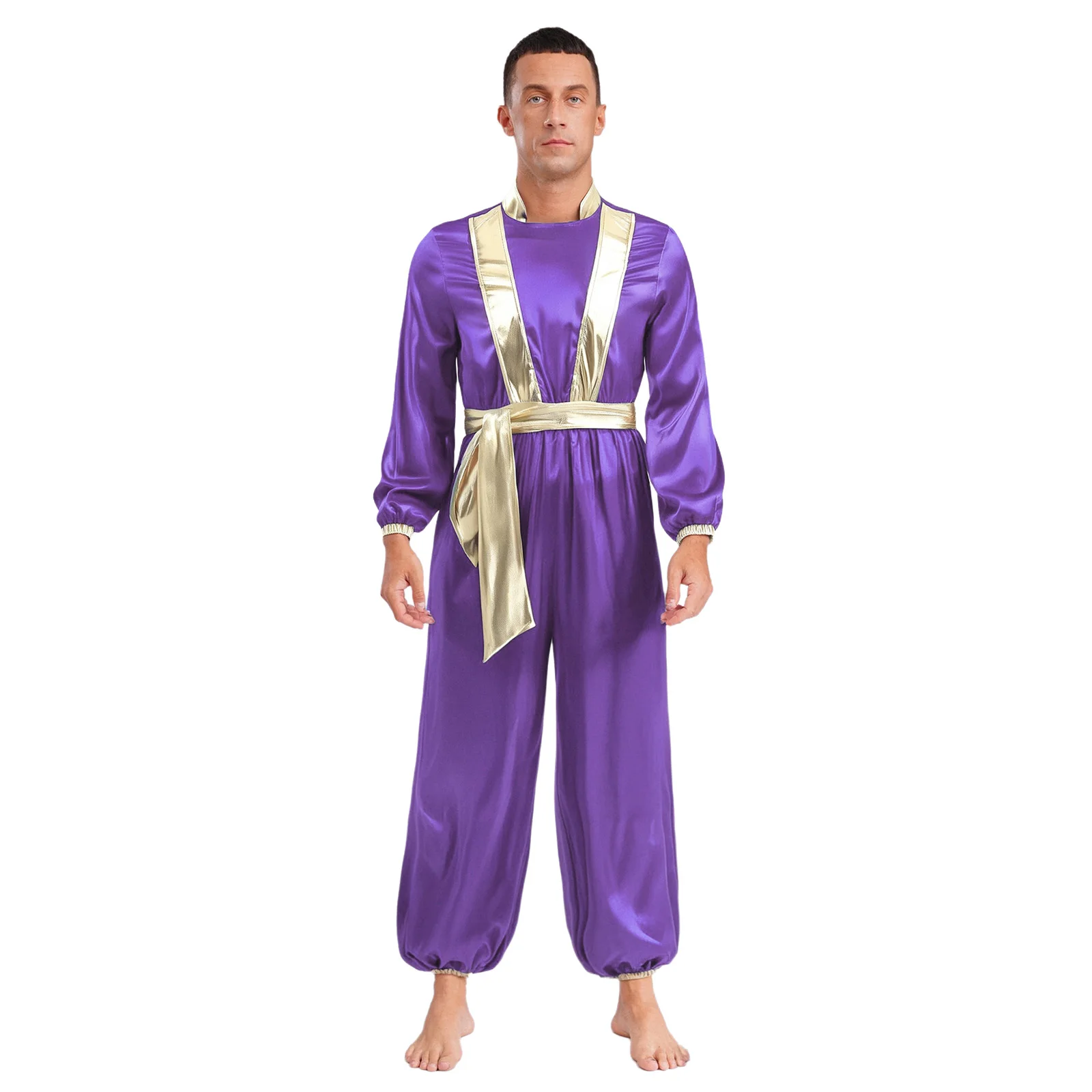

Men Vintage Medieval Arabian Prince Costume Long Sleeves Back Zipper Shiny Metallic Robe Fairy Tale Cosplay Halloween Costume