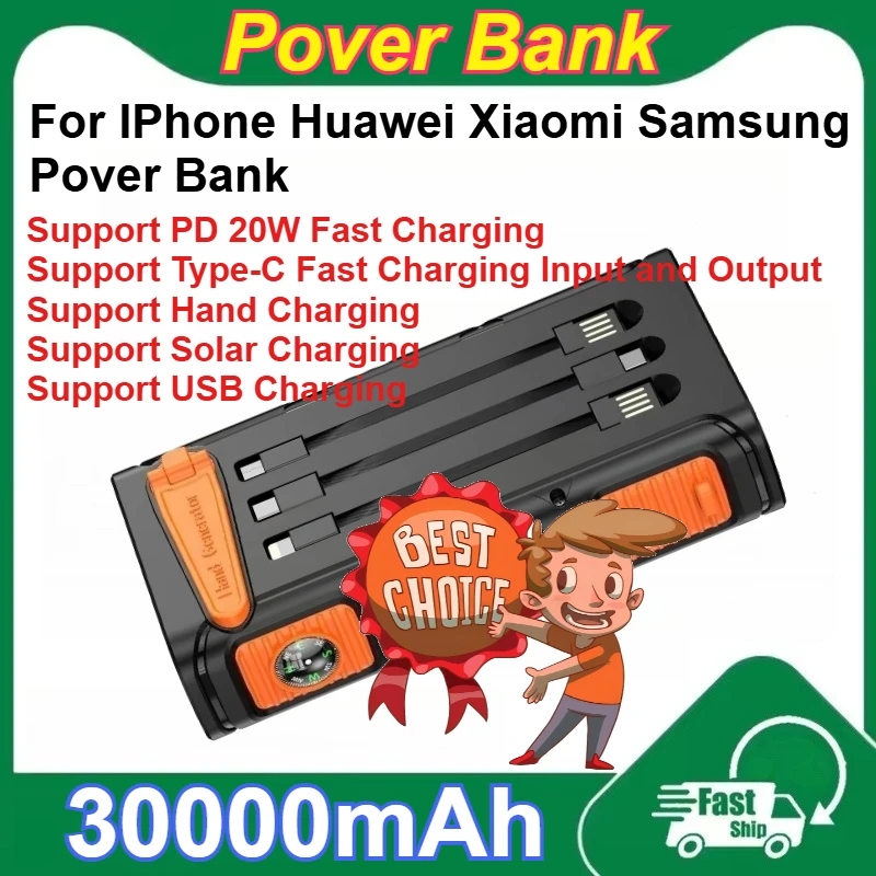 

For IPhone Huawei Xiaomi Samsung Pover Bank 30000mAh Solar Power Bank Built in Cable PD 20W Fast Charger Powerbank