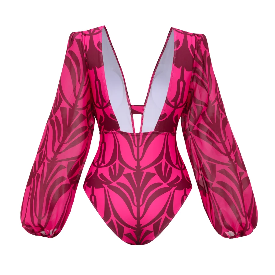 2024 Long Sleeved Surfing Printed V Neck One Piece Swimwear Women Vacation Beachwear Clearance Wholesale