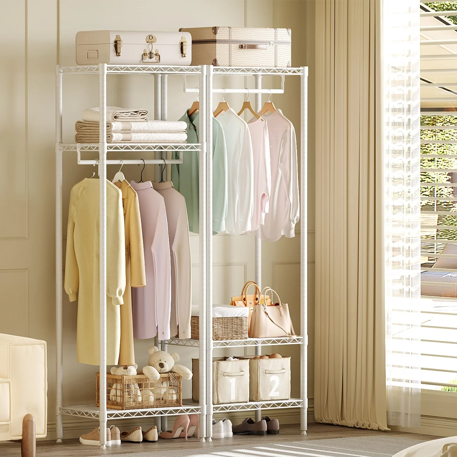 Adjustable 3-Tier Metal Clothes Rack – Wardrobe Organizer with Storage Shelves for Bedroom, Laundry Room -1 Hanging Rod