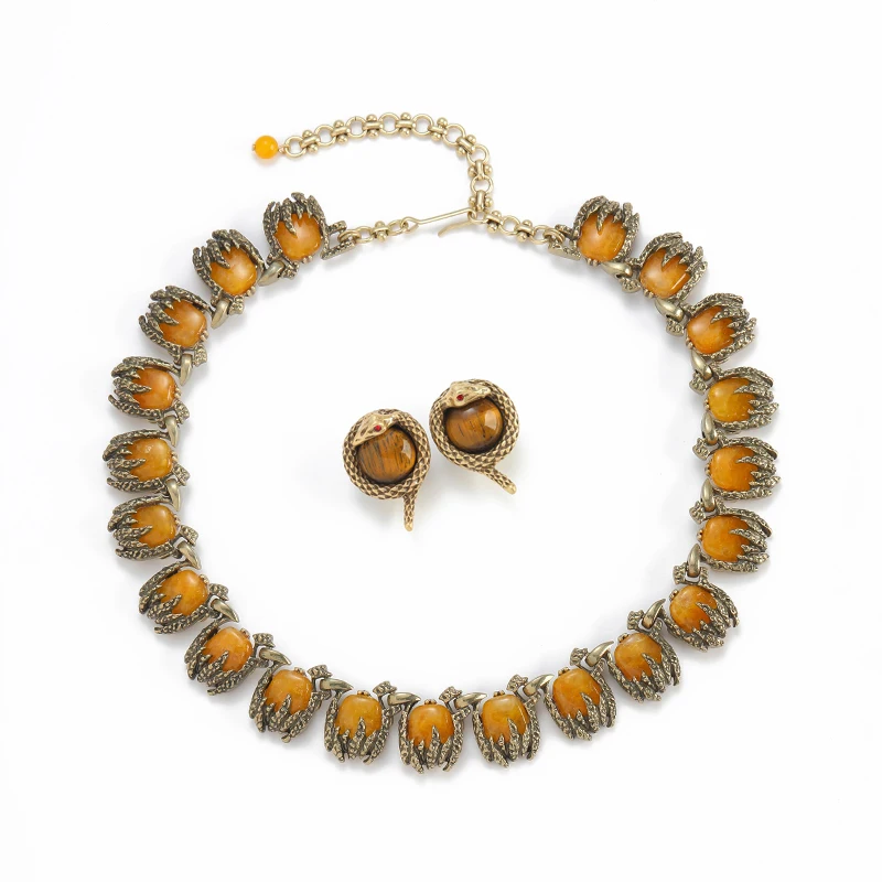 Vintage Yellow Thorns Tiger's Eye Square Necklace Earrings  Jewelry Sets Brands Designers Luxury Trendy Classic Gifts For Women