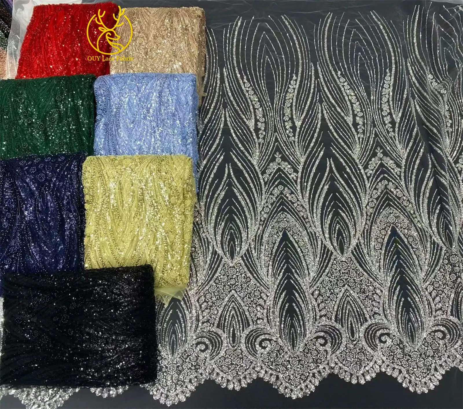 Grüner Afrikanischer Spitzenstoff 2026 Hochwertige Pailletten Tüll Französische Mode Netzspitze Abendkleid Stickerei Nähen – Detail 3