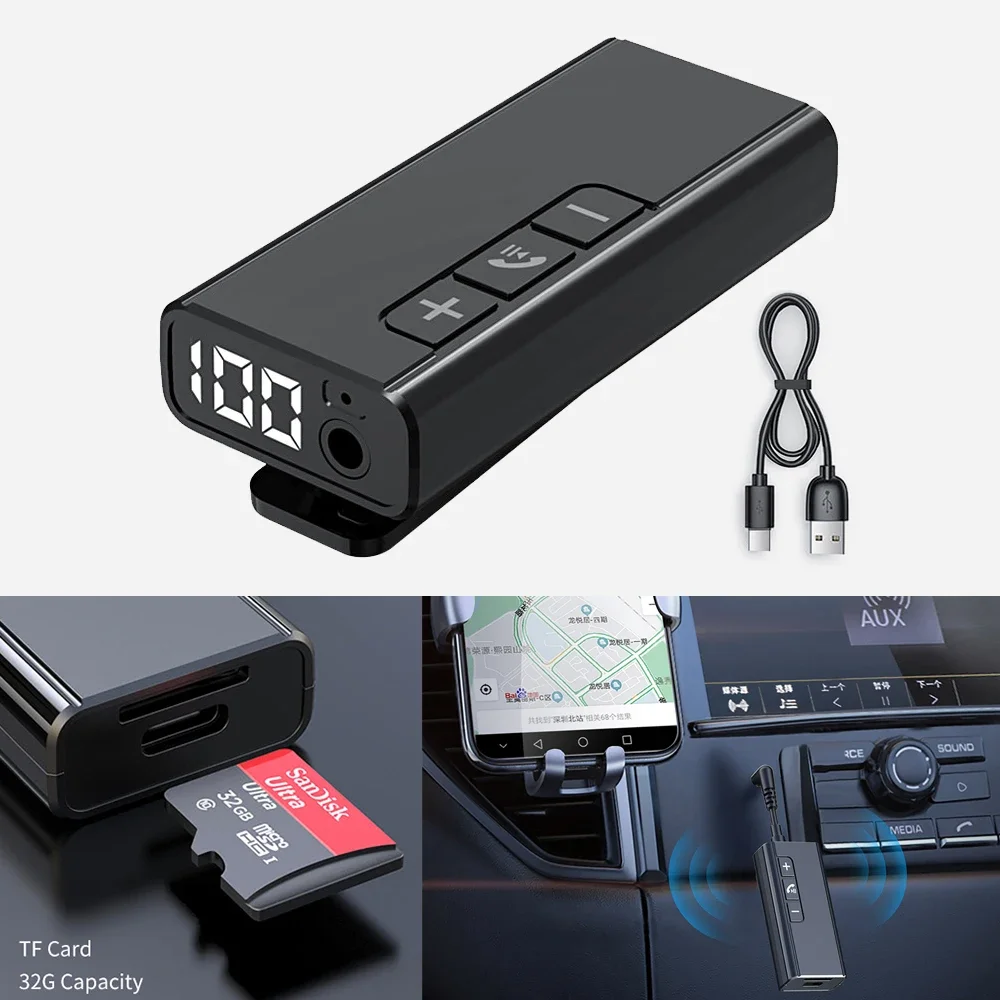 New Bluetooth Adapter Wireless Car Bluetooth Receiver 3.5mm Auxiliary Digital Display Audio Receiver for TF Card