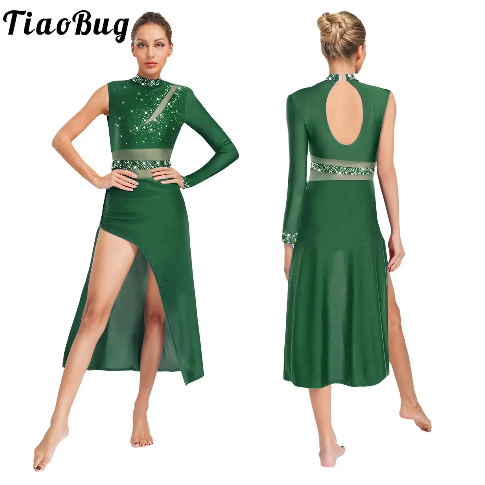 

Womens Shiny Rhinestone Lyrical Dance Dress Asymmetrical Sleeve Slit Hem Leotards Dress for Skating Jazz Modern Dance Costume