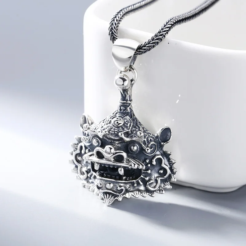 

S925 Sterling Silver Kylin Pendant Black Color Old Process Taiji Bagua Relief Design Hollow Unisex Fine Jewelry FYNE369