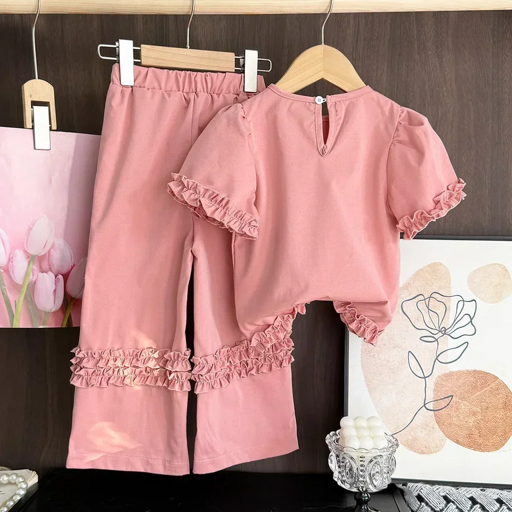 Girls Suit Summer Pink Round Neck Lace Patchwork Short Sleeved Top + Long Pants Sweet Two-piece Set 3-7 Years Old Kids Clothes