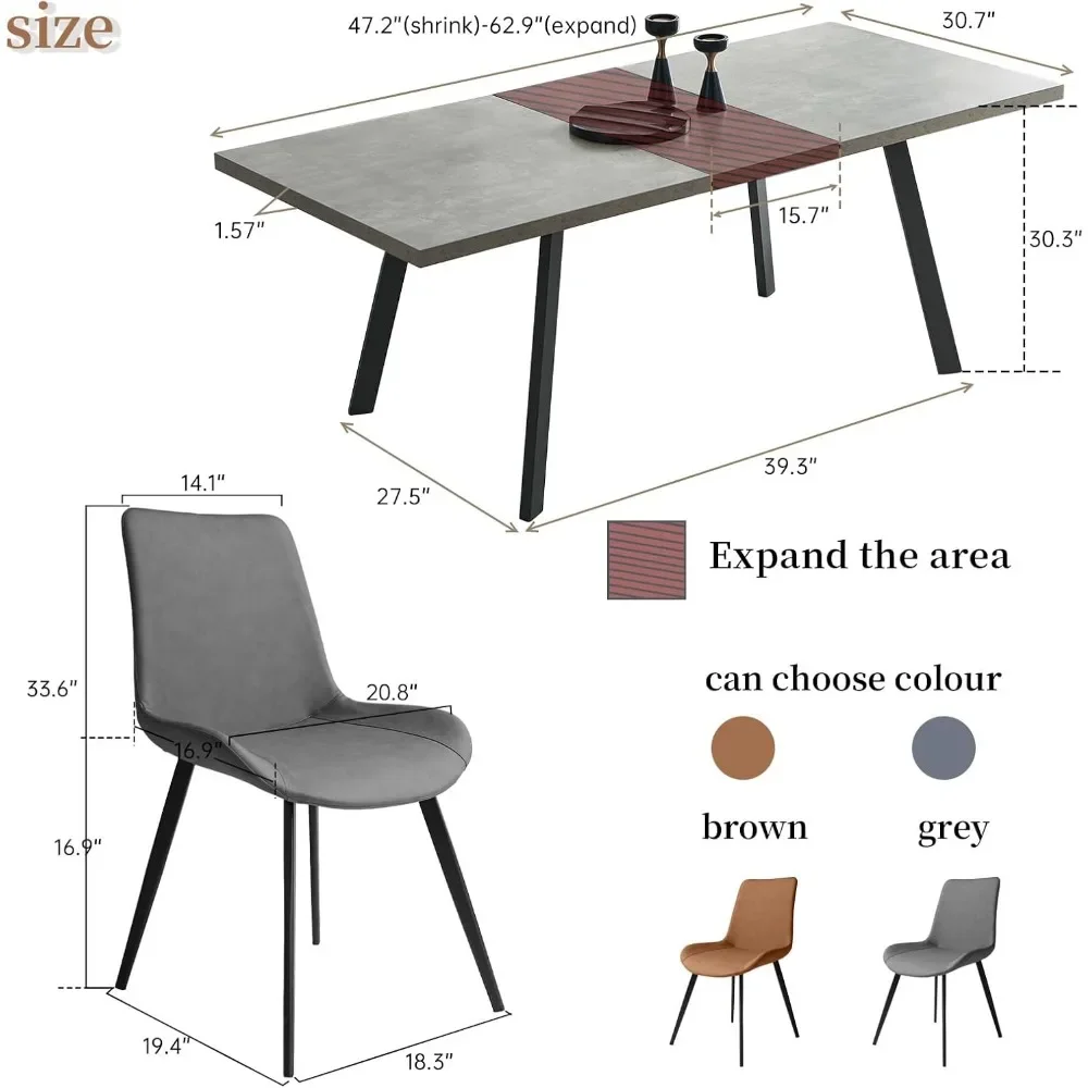 7 Piece Dining Table Set, 62 Inch Modern Kitchen Table with 6 Dining Chairs, Expandable MDF Dining Table with Steel Legs