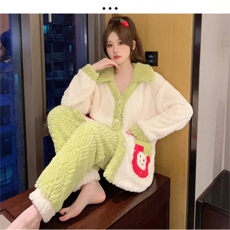 5XL Winter Coral Fleece Thickened Pajamas Women Plus Size Home Clothes Sweet Long Sleeves Loose-fit Loungewear Outside Wear