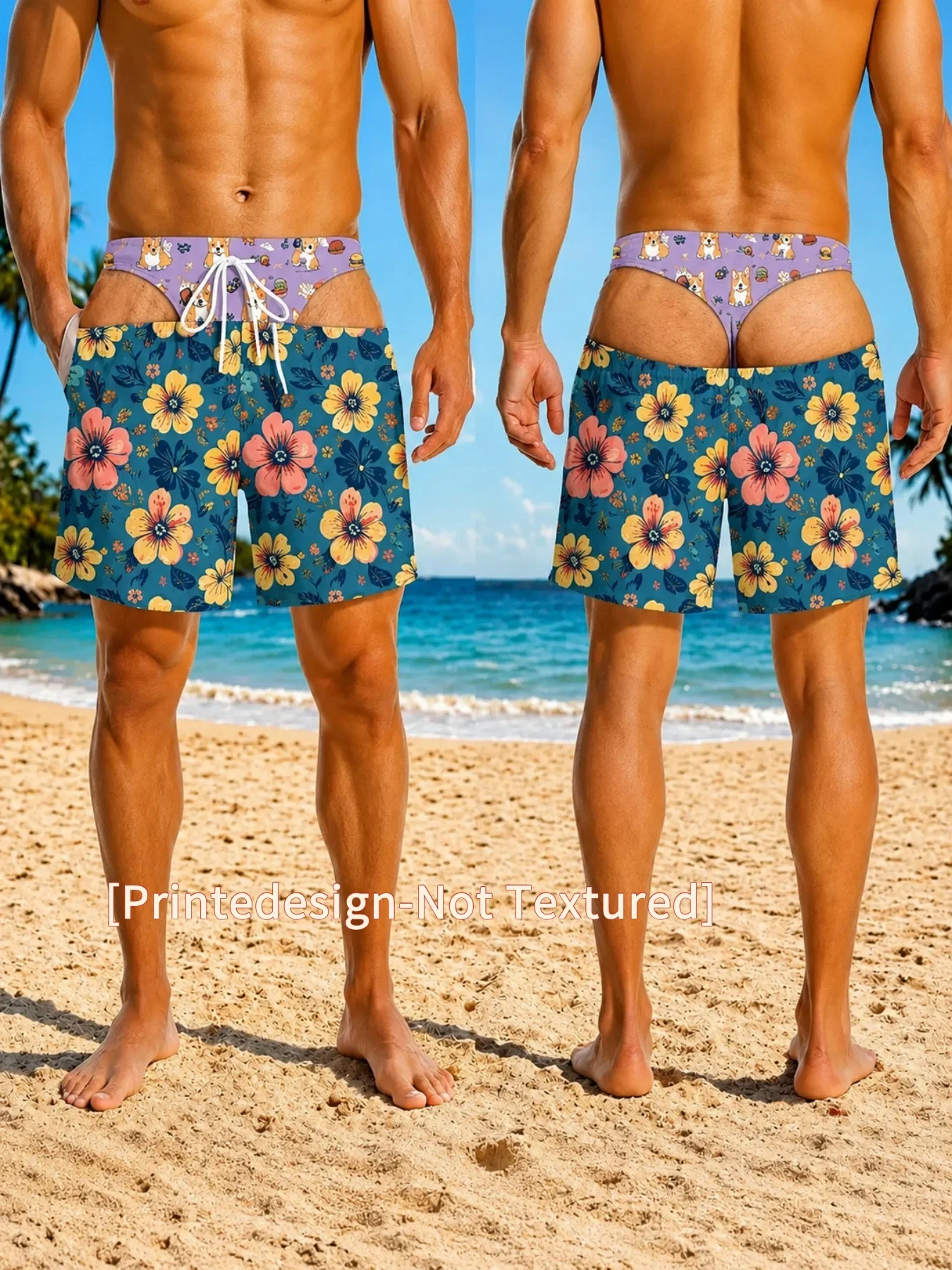 Funny Fake Golden Thong Underwear Print Men Beach Shorts Blue White Tie‑Dye 3D Print Quick Dry Swim Trunks Casual Board Shorts