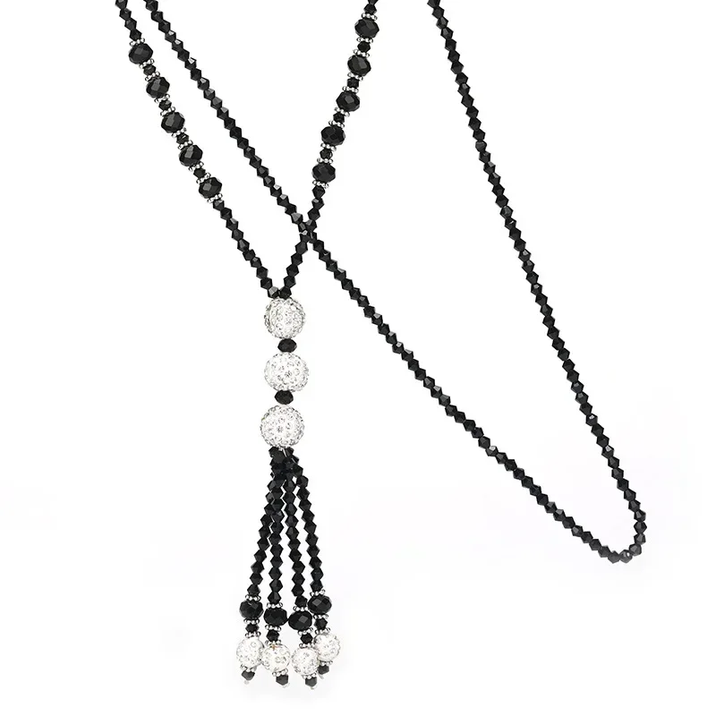 Korean Fashion Shiny Crystales Beads Long Tassel Necklace for Women Simple Sweater Chain Charm Female Party Jewelry
