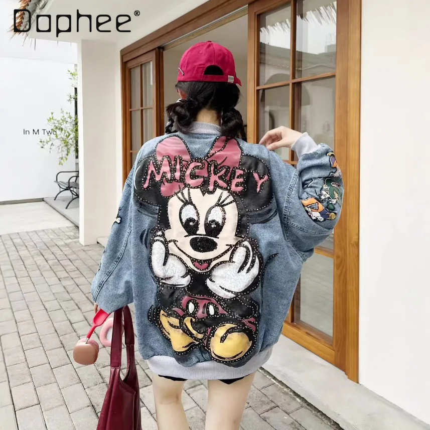 

2026 Spring and Autumn Heavy-duty Printed Cartoon Sequin Fashion Jacket Denim Blue Coat Women's Top Loose Baseball Jacket