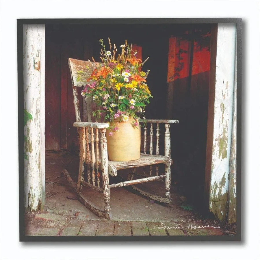 

Stupell Industries Barn Flower Pot on Old Rocking Chair Illustration Black Framed Wall Art 12x12 Multicolor