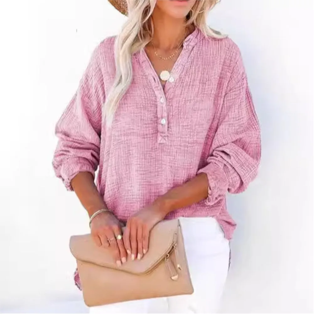 2025 Fashion Casual Women Shirt Spring Autumn Pleated Button Long Sleeve Solid Color Blouse Top Shirt Loose Pullover for Women