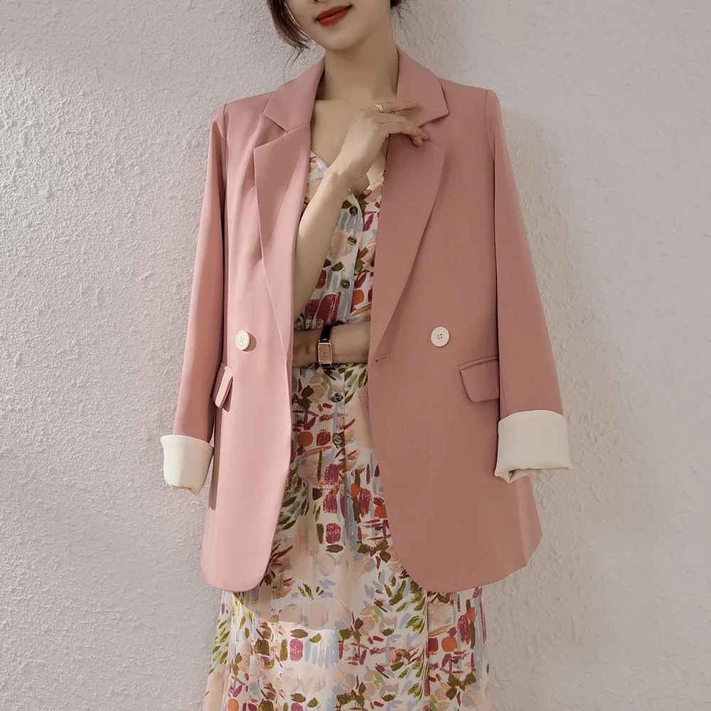 SuperAen Koreanischen Stil Oversize Gespleißt Lange ärmeln Casual Anzüge frauen drehen-unten Kragen Rosa Lose Taille Blazer
