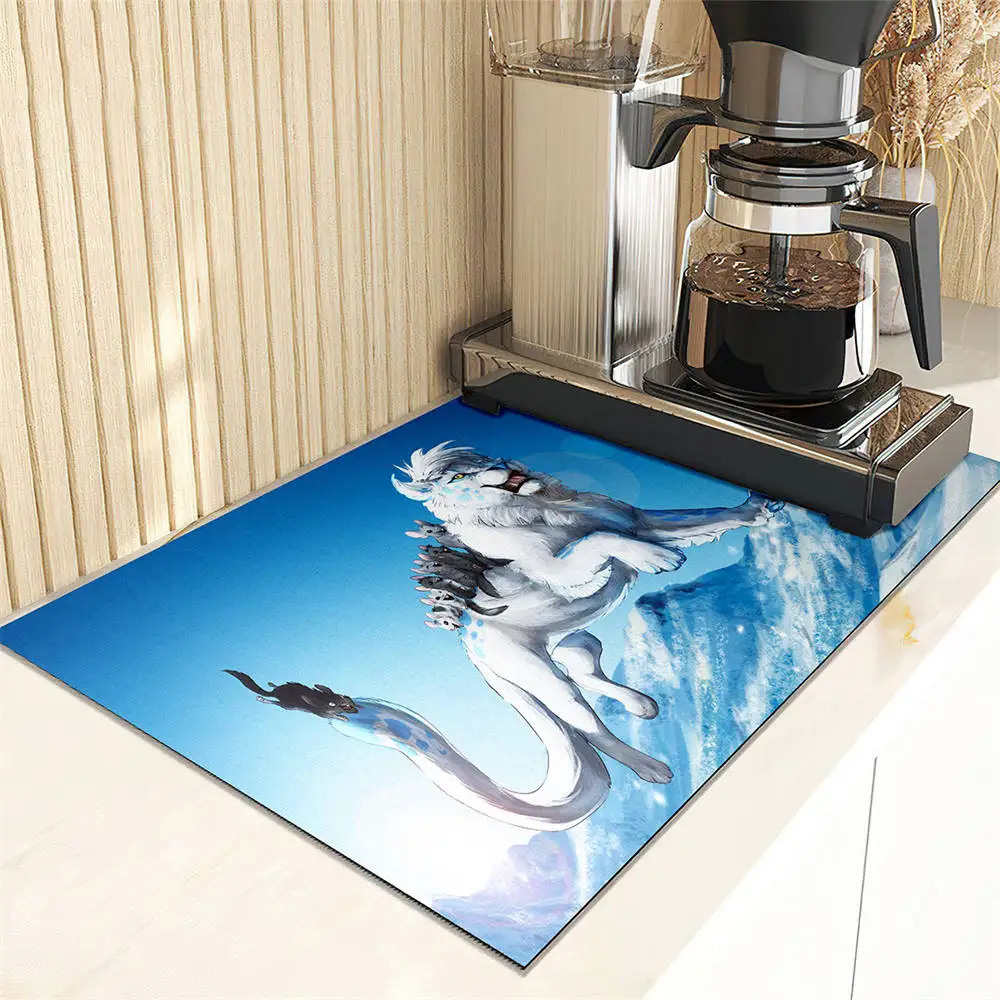 Fantasy Lion Print Coffee Machine Drain Mat Cottage Kitchen Countertop Absorbent Mat Dry Non-slip Bar Table Washable Drain Pad