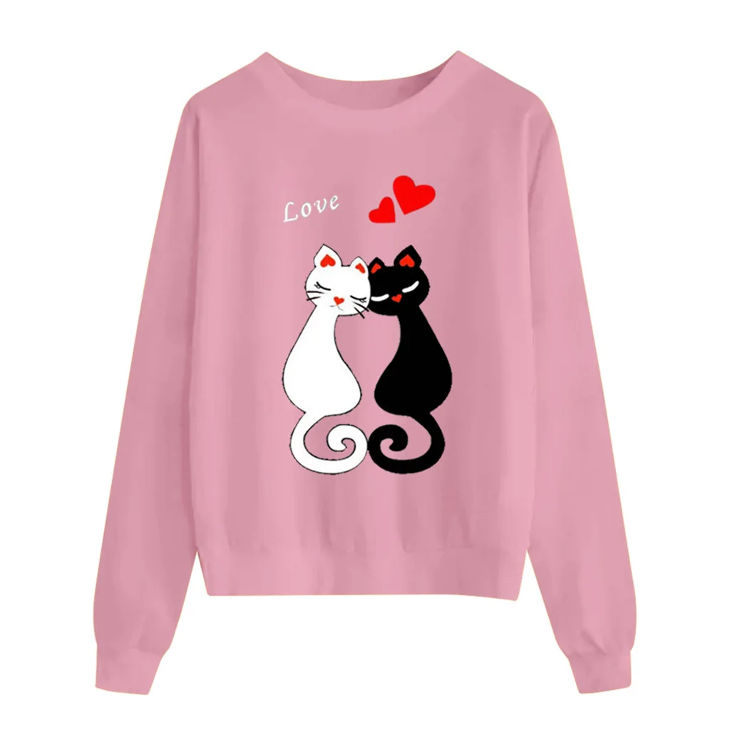 เสื้อฮู้ดลำลองแขนยาวคอกลมลายแมวสไตล์ยุโรปและอเมริกาสำหรับผู้หญิง สตรีทแวร์ เสื้อสเวตเชิ้ตผู้หญิง สไตล์สวยงาม