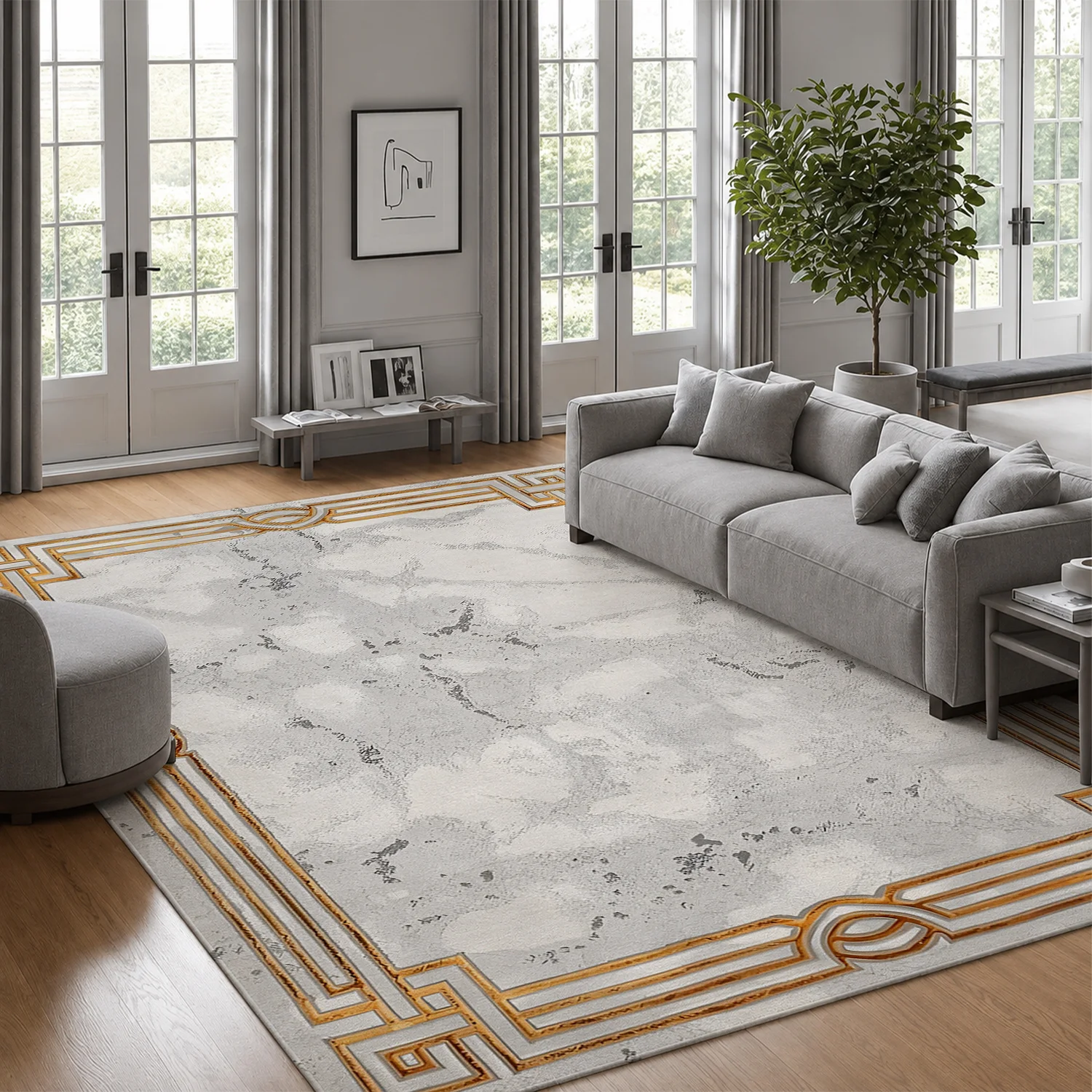 Large Indoor Area Rug, Soft Velvet Low Pile Rug with Non-Slip Dotted Backing, Machine Washable Marble Pattern Rug with Gold Geometric Border, Ideal for Living Room, Bedroom, Entryway