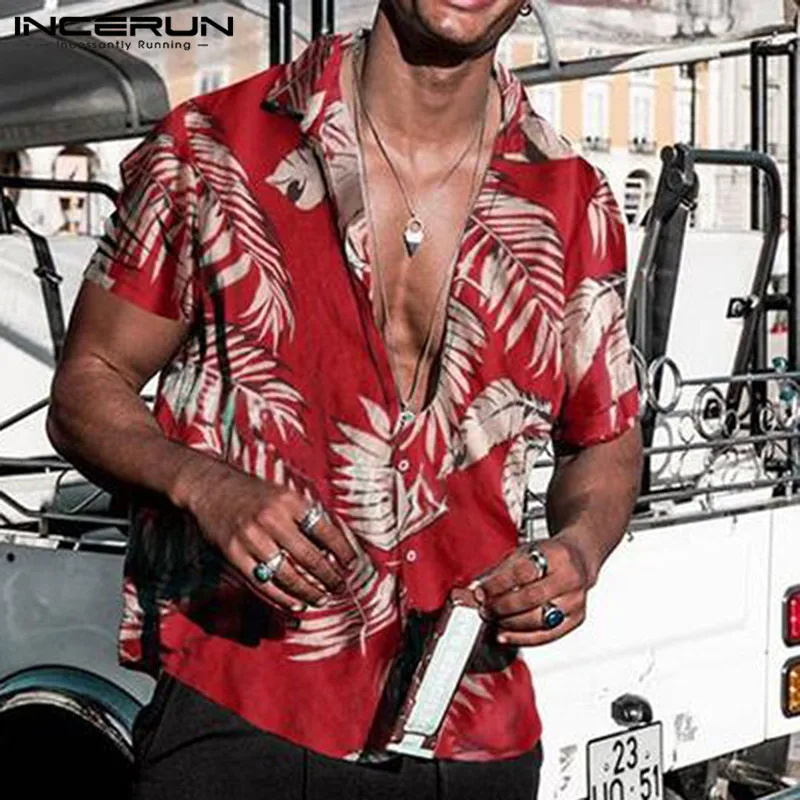 2022 Red Hawaiian Summer Shirts Men\'s Tropical Flower Shirt Casual Top Button Down Cotton Short Sleeve Loose Beach Shirt For Men