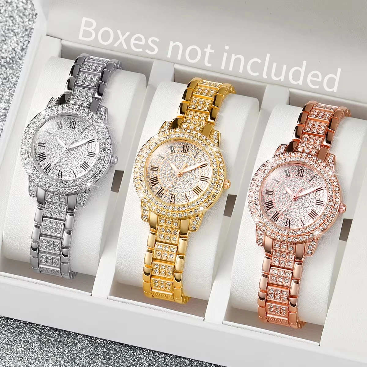 

Элегантные женские кварцевые часы со сверкающими розами и золотым украшением | Циферблат с римскими цифрами, аналоговые наручные часы для повседневных случаев