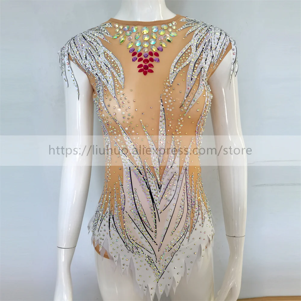 

LIUHUO Customize Women Girl Costume Performance Rhythmic Gymnastics Children Leotards Competition Skating Dress Sleeveless White