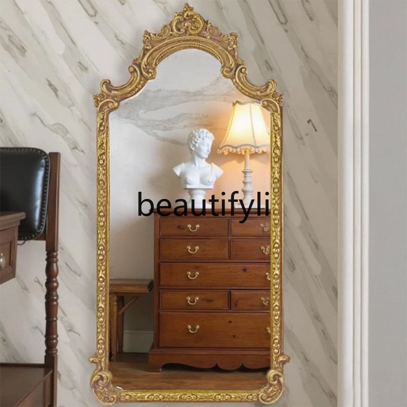 

French Carved Full-Length Mirror for Home Living Room Entrance Light Luxury Wall Decorative Mirror