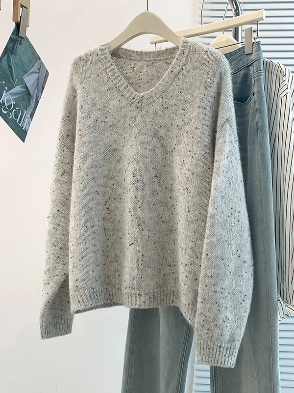Fashionable V-Neck Sequin Sweater Jacket New Korean Style Autumn Winter Slimming Versatile High-End Feeling Bright Sparkle
