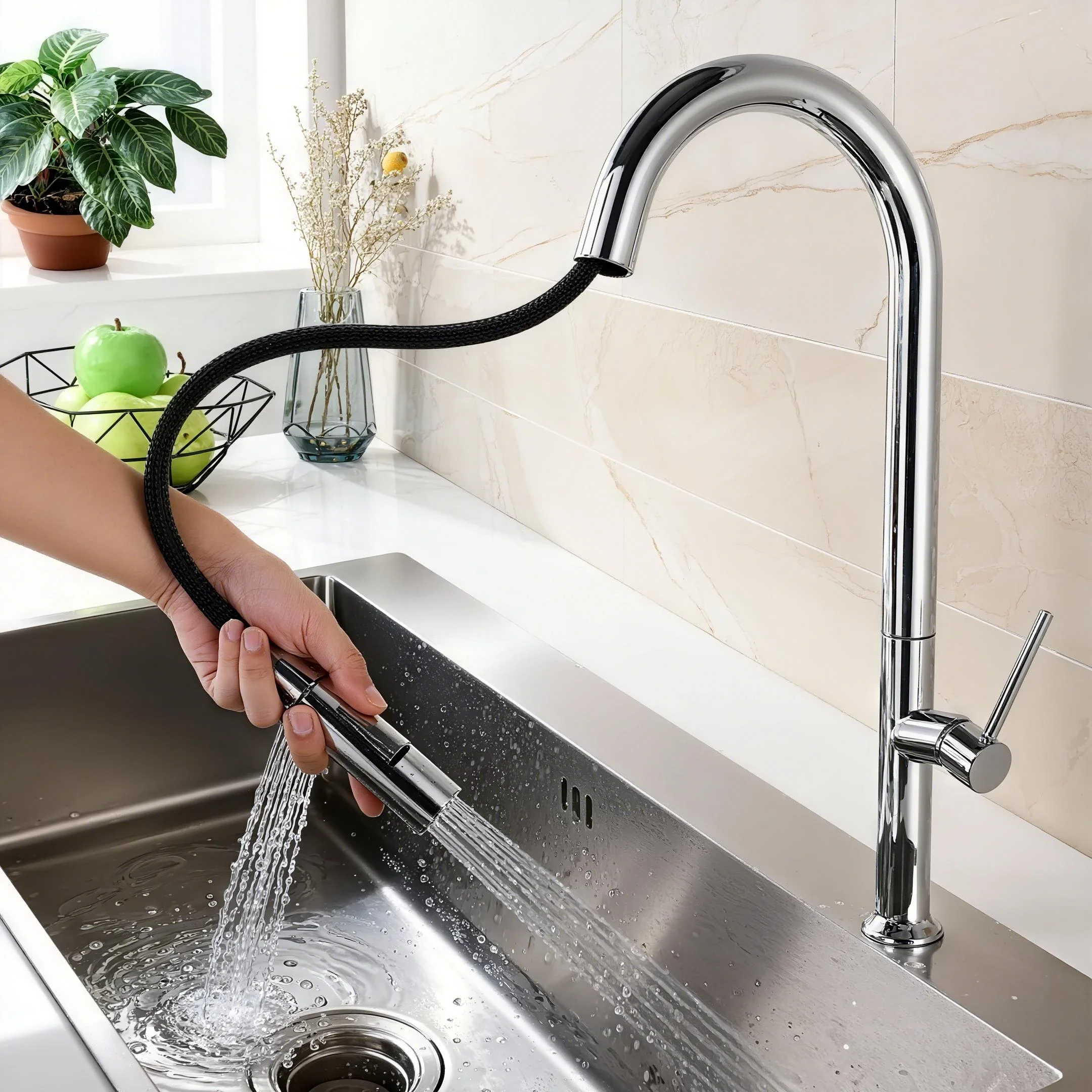 Brushed Pull Faucet 304 Stainless Steel Kitchen Faucet Simple Rotatable and Retractable Vegetable Basin Hot and Cold TapG3/8G2/1