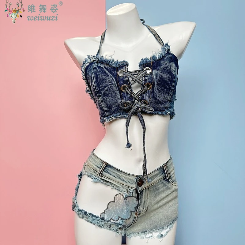 Conjuntos de Bikini vaquero con cordones para mujer, pantalones cortos vaqueros nuevos, traje de baño, Top de vaquero, juego en la playa, Bar, club nocturno, DJ, baile en barra, uniforme DS
