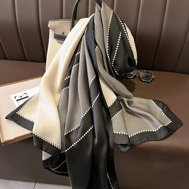 Black Grey Color Block Scarf Elegant Satin Geometric Chain Print Outdoor Sunscreen Shawl Travel Head Wrap Women Trendy Windproof