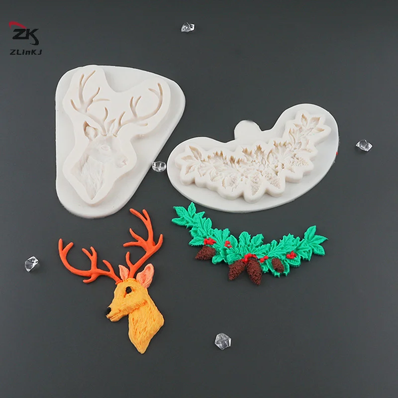 3D Christmas Reindeer/Pine Nut Leaf Wreath Silicone Mold Fondant Chocolate Mould DIY Clay Model Cake Decorating Tools Bakeware