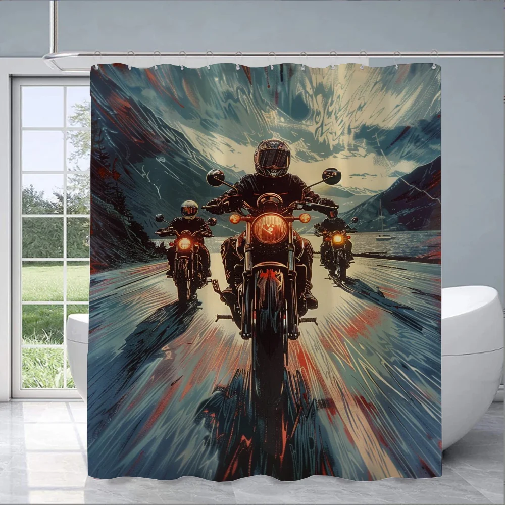 Motorcycle Journey Shower Curtain for Bathroom Sets Full Set Folding Partition Curtains Accessories Bath Bedrooms Houses Rooms