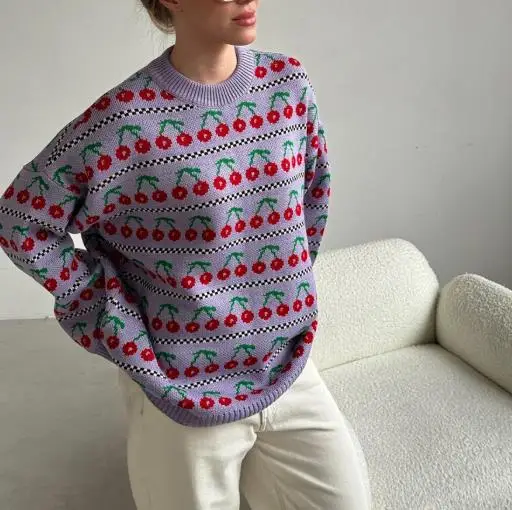 Winter 2025 Vintage Knitted Cherry Jacquard Round Neck Sweater for Women, Casual and Cute Loose Long Sleeved Knitted Sweater