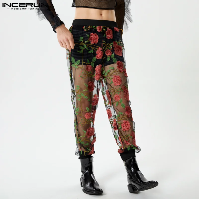 

INCERUN 2024 American Style Men's Pantalons Sexy Floral Mesh Perspective Long Pants Stylish Streetwear Male Thin Trousers S-5XL