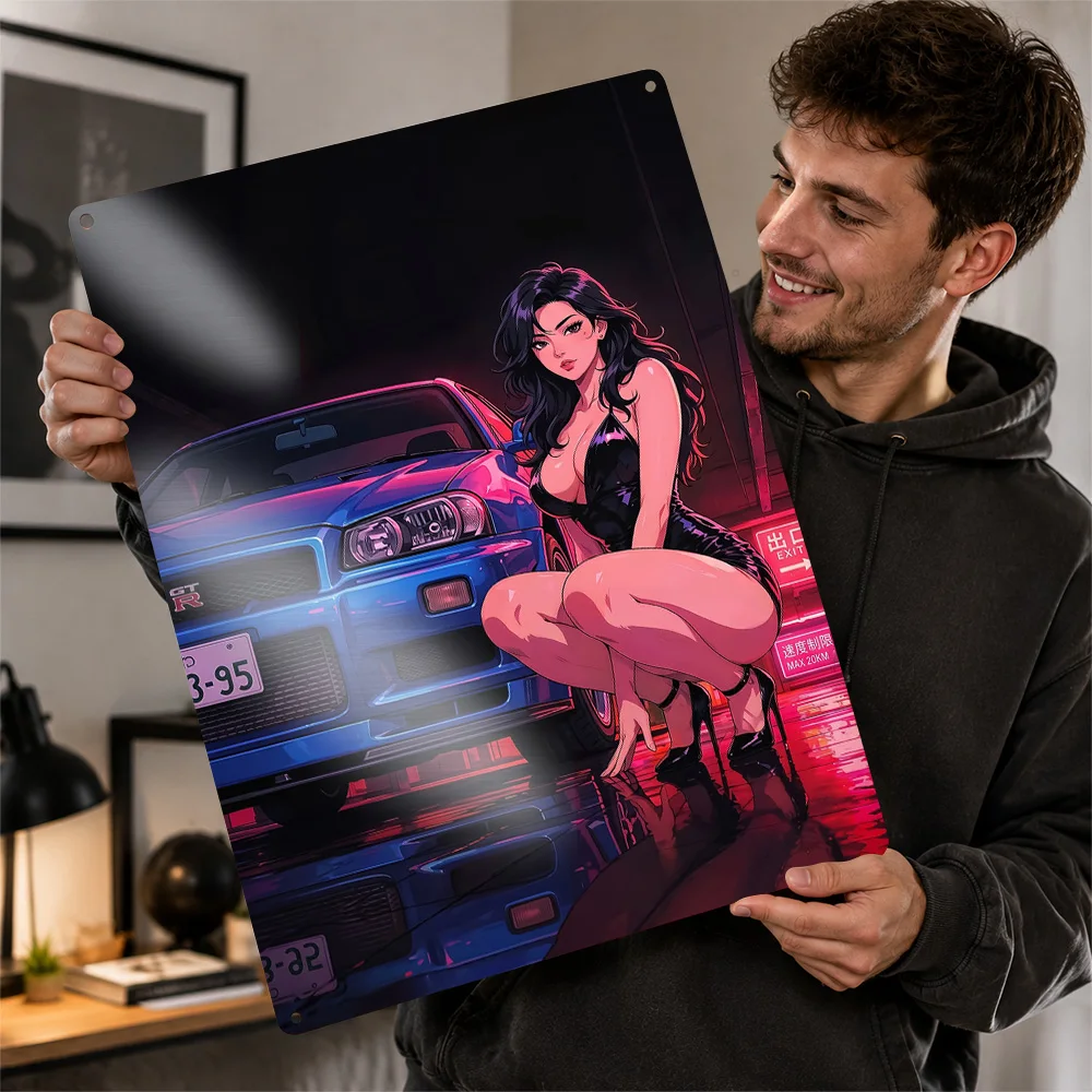 Anime Woman With Nissan Skyline GT-R R34 3D Texture Printed Poster Custom Vintage Metal Tin Plate Sign for Wall Art Decor Luxury