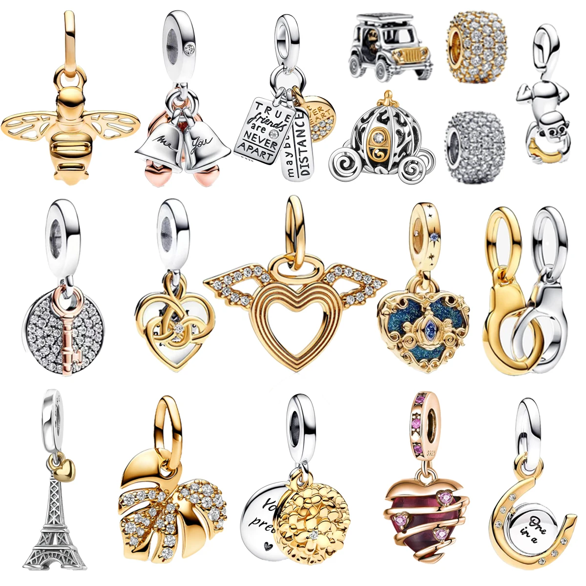 

Original 925 Sterling Silver Golden Heart Bee Monkey Bicycle Leaves Charm Bead for DIY Bracelet Necklace Women Jewellery Gift