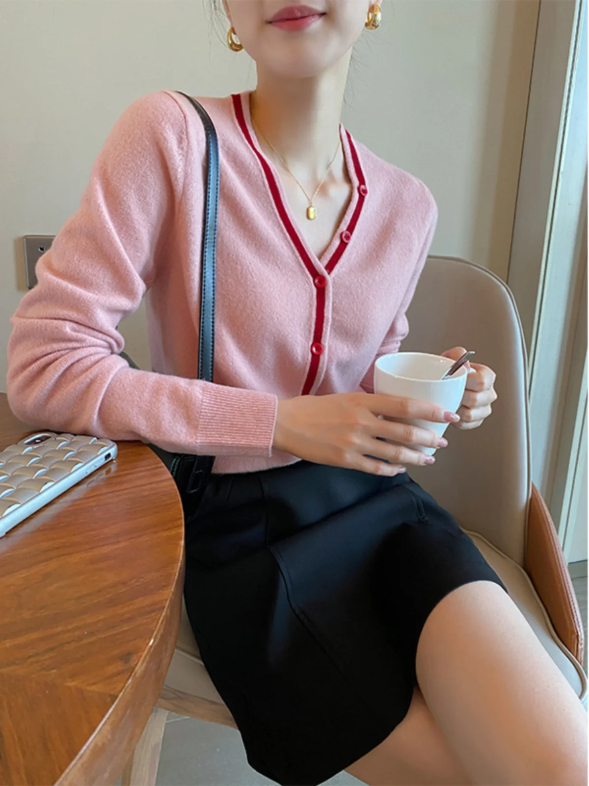 

Розовый V-Ne Long Sve вязаный открытый кардиган женский модный мягкий уютный повседневный крой осеннее новое поступление свитер пальто