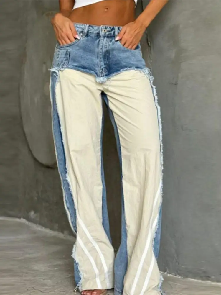 

Street Wear Y2K Retro Fashion Side Striped Straight Leg Jeans New Spicy Girl Low Waist Contrasting Splicing Denim Wide Leg Pants