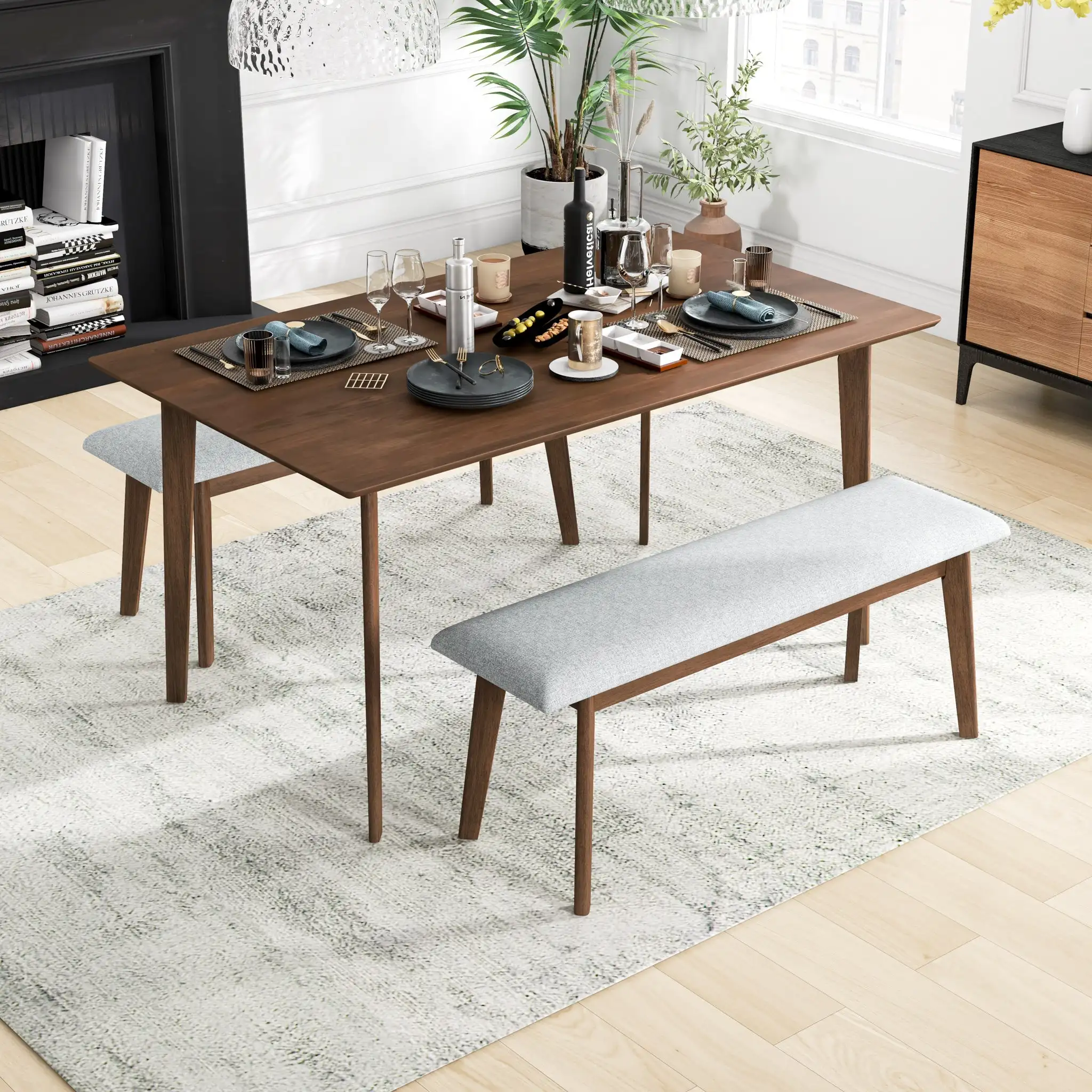 Solid Wood Dining Table With Long Chair Waterproof & Lightweight For Small Rental