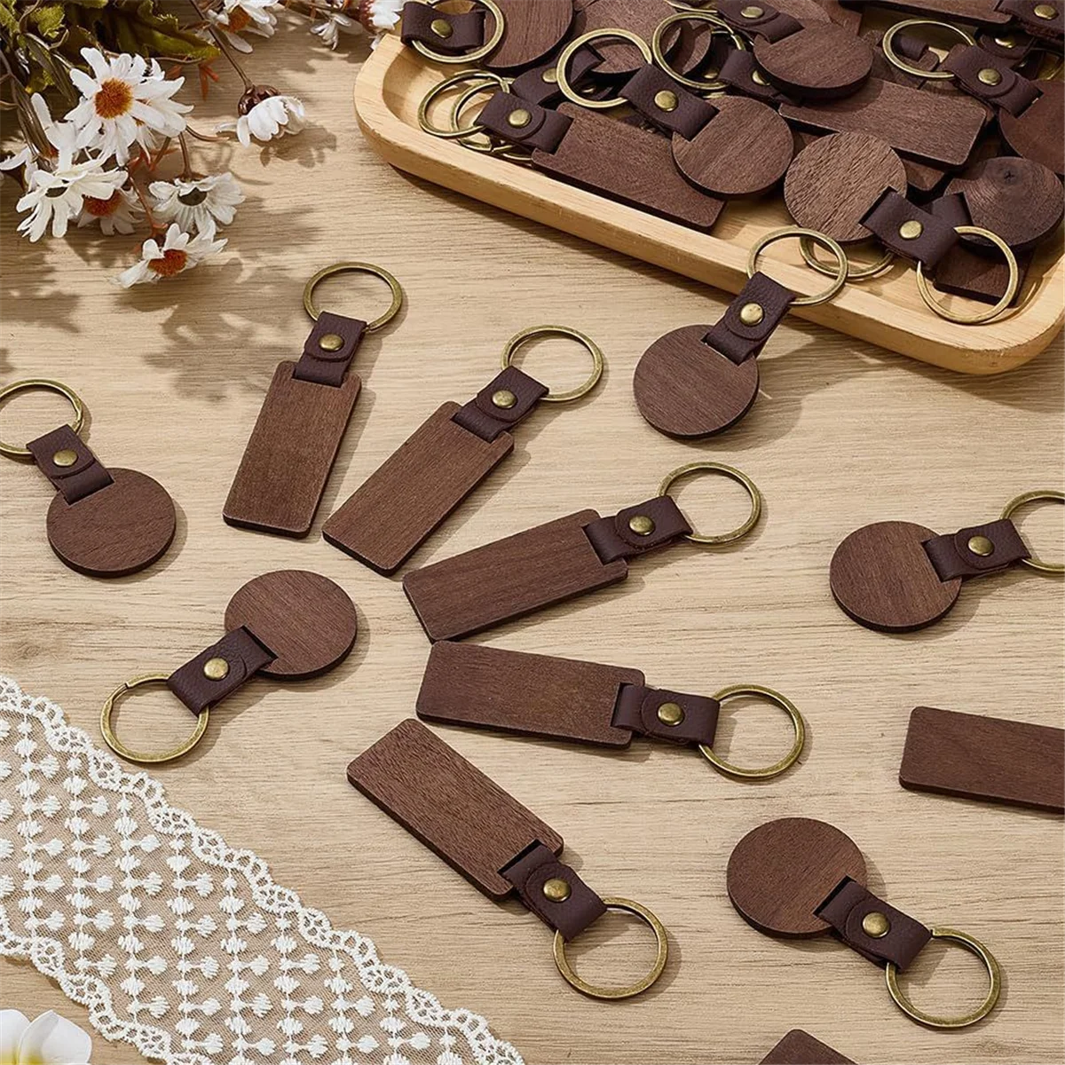 A83Z 60 PCS Walnut Wood Keychain Blanks for DIY Crafts, Engraving & Personalized Gifts