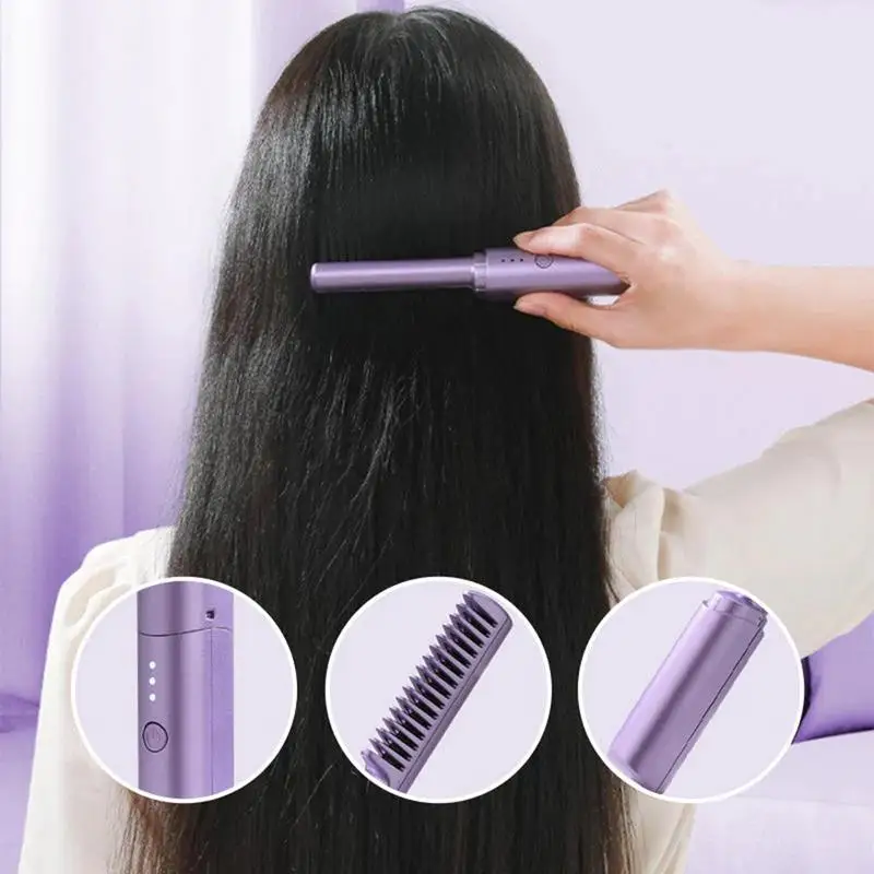 Anti-Scald Hair Straightener Brush 3 Levels 60s Heat Up Cordless Rechargeable Hot Comb 4000mAh Battery Straightener Brush