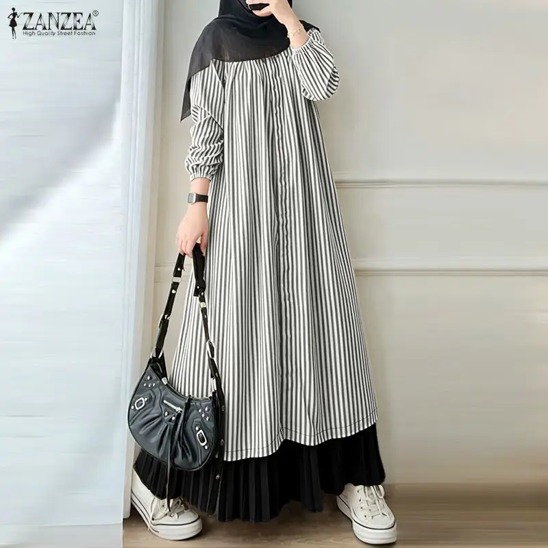 

Women Patchwork Muslim Abaya Dress ZANZEA Modest Fashion Hijab Dresses Robe Femme Long Sleeve Pleated Sundress Casual Kaftan