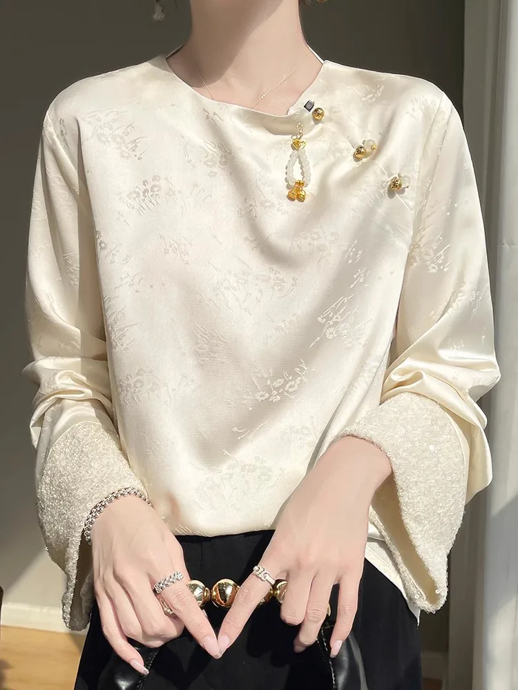 

Новый китайский шелковый женский топ Long Sve round Ne с вышивкой из ацетата и атласа, традиционный топ на пуговицах