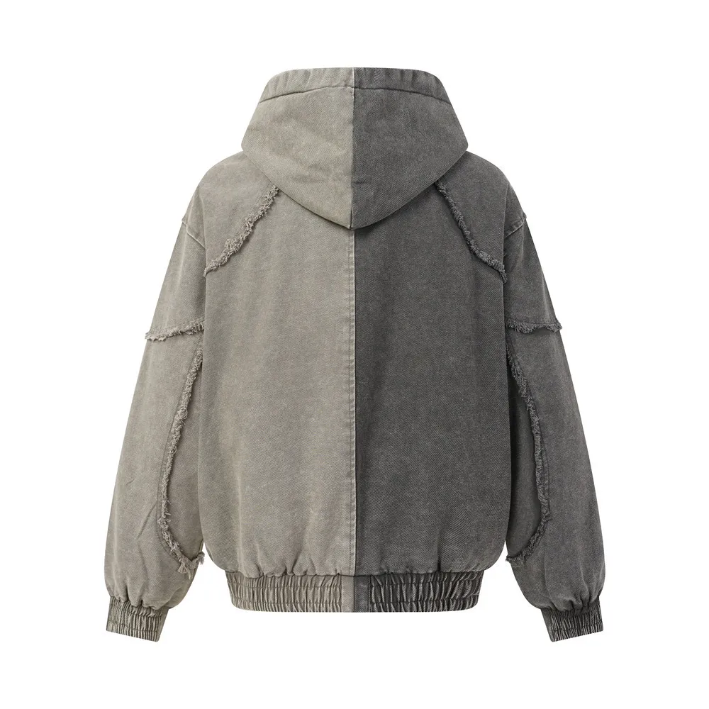 MWJLPWQ Heavy-Duty Washed Distressed Hooded Jacket For Men Spring Autumn Trendy Punk Unique Color-Blocking Raw Edge Tops 21016