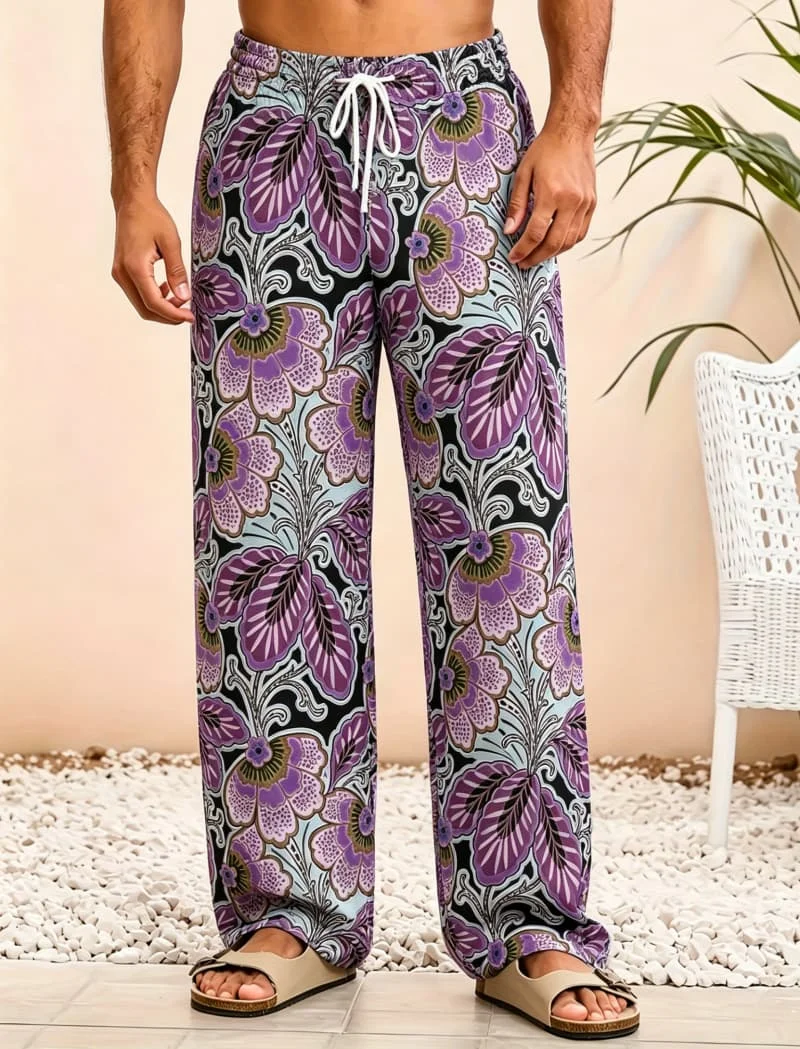 Men's Bohemian Paisley Print Casual Pants, Loose Fit Drawstring Trousers, Ethnic Design for Beach Days, Travel and Daily Wear